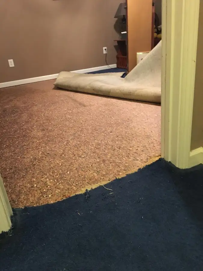 Carpet pad removal revealing water damage during Drying & Dehumidification in Gettysburg